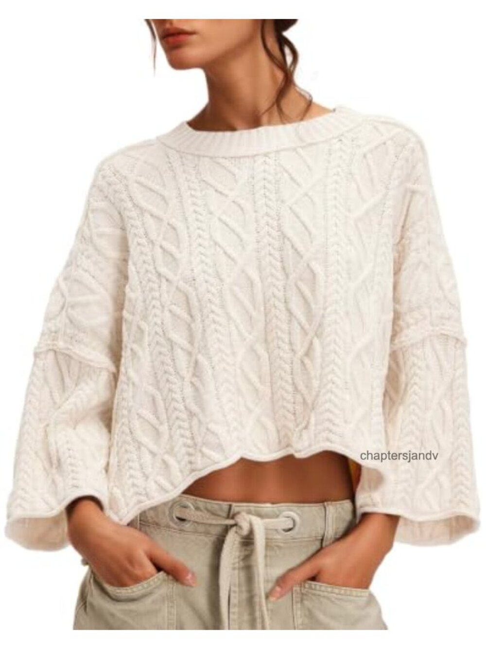 Women's Cable Knit Cropped Sweater Oversized Long Sleeve Pullover